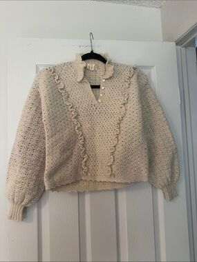Cream Ruffle Crochet Knit Sweater